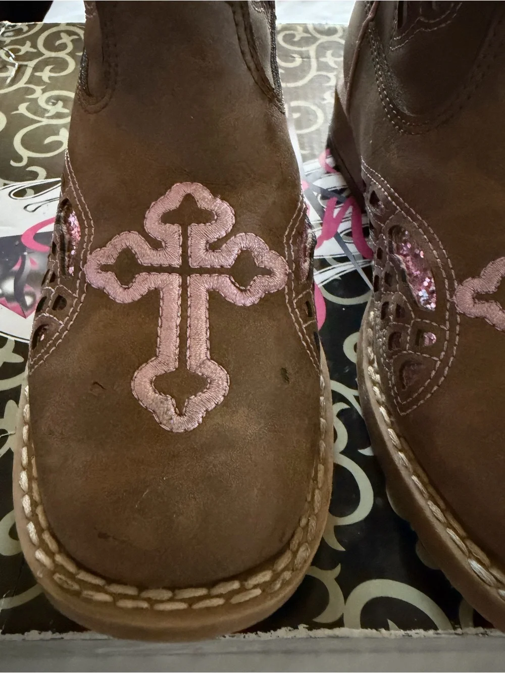 Roxy Brown Leather Kids Cowboy Boots with Pink Cross Accents